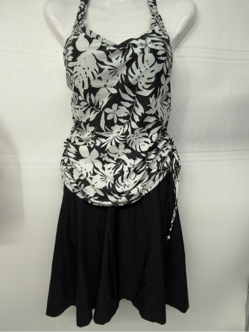 Black & White Floral Halter Swim Coverup with Side Drawstring  swimsuit